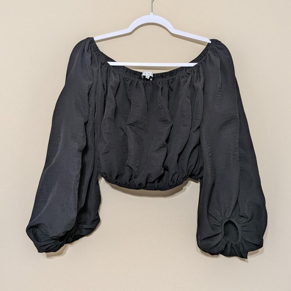 HYFVE Black Boho Whimsygoth Cropped Blouse With Puffy Sleeves And Elastic Bandd